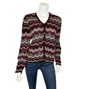 VINTAGE 90’s Chevron Pattern Knitted Cardigan Sweater‎ Lambswool Blend Plum L